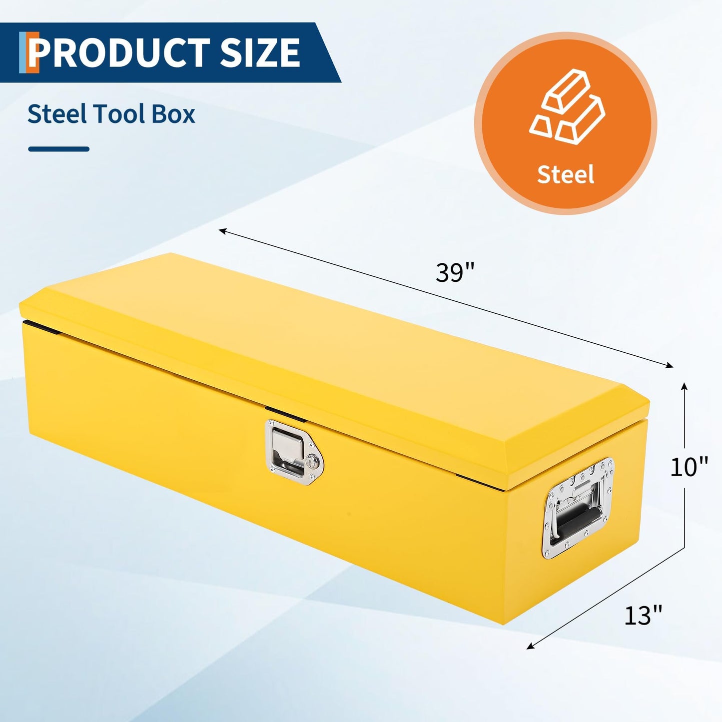 Heavy Duty Steel Truck Bed Tool Box, Powder-Coated Diamond Plate Storage Chest with Side Handle & Lock, Durable Metal Toolbox Organizer for Pickup, RV, Trailer, Mechanic or Workshop - 39X13X10 in