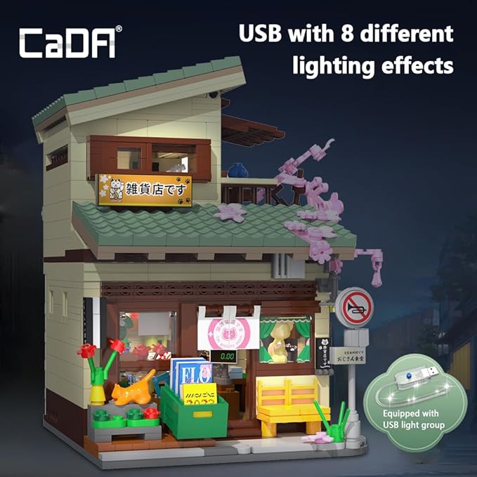 CaDA Japanese Style Cat Grocery Store House Building Set Master C66015W City Street Brick Kit with Lights 8921PCS Modular House Idea Gift for Adults