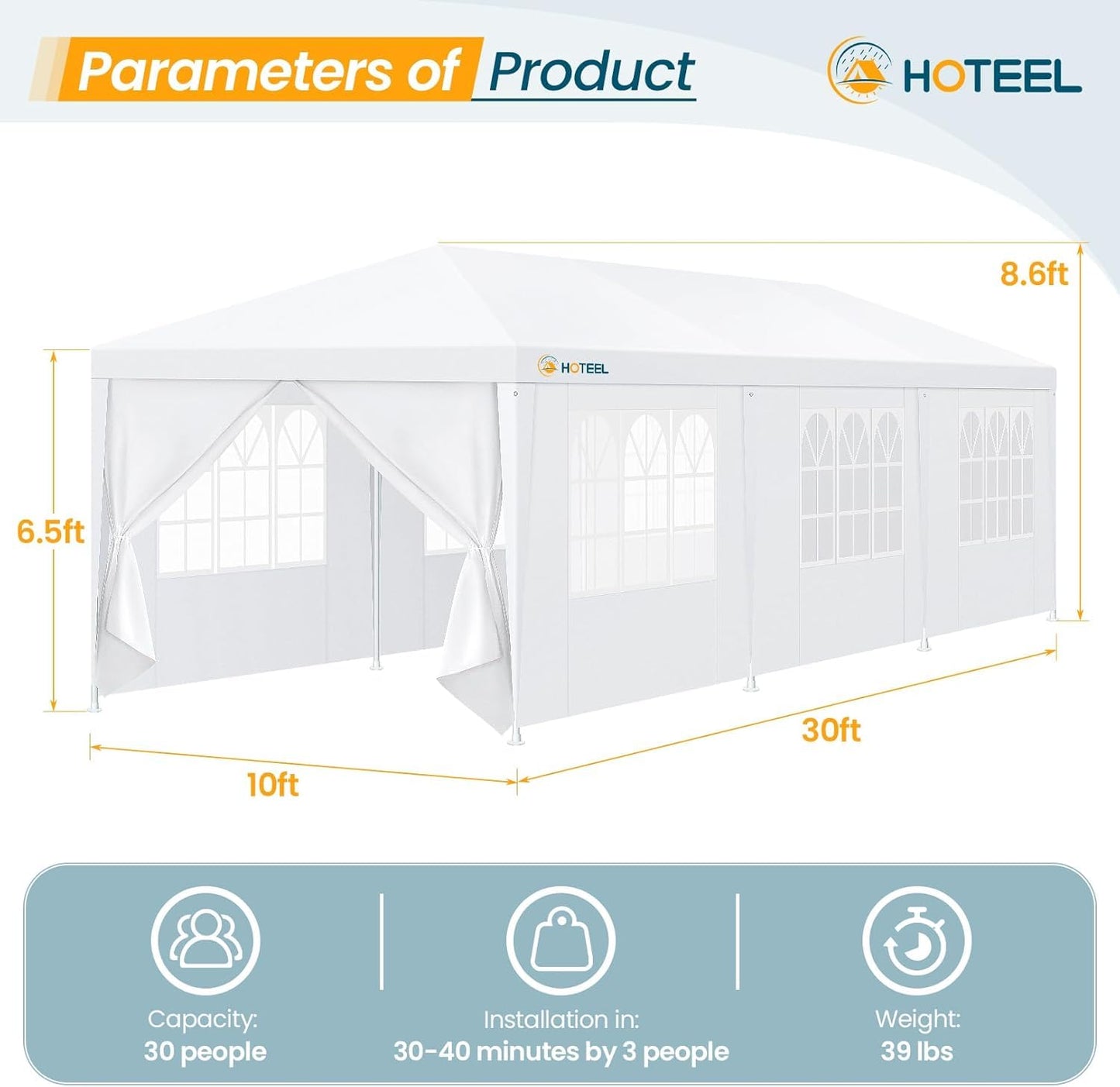 HOTEEL 10x30FT Party Tent with 8 Removable Sidewalls for Parties Carpas para Fiestas, Weddings, BBQ, Waterproof Outdoor Event Canopy, Patio Camping Gazebo, White