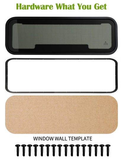 RV Window | 33.7"W x 10.7"H | Universal Camper Van Bunk Awning Window | Tempered Glass &Trim Set | DOT Certification Qualified