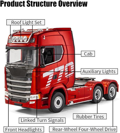 1/18 Scale Remote Control Semi Trailer 770S Heavy Duty RC Tractor Truck with Rear Wheel Drive RC Simulation Engineering Vehicle Model for Adults