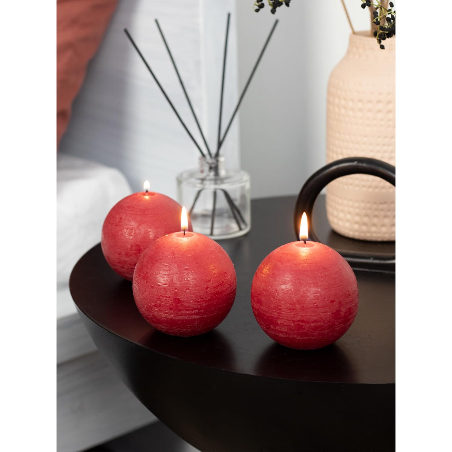 CANDWAX Set of 3 inch Round Ball Candles Set of 3 - Perfect as Christmas Decoration and as Spheres for Home Decor - Unscented Smokeless Dripless Long Burning Dark Red Candles