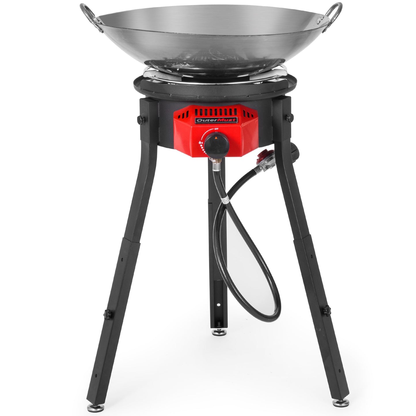 Outdoor Cooker with Iron Wok and Propane Burner, 54,000 BTU High-Pressure Gas Stove with Electronic Ignition & Adjustable Support Stand for Backyard BBQ, Tailgating, Outdoor Cooking