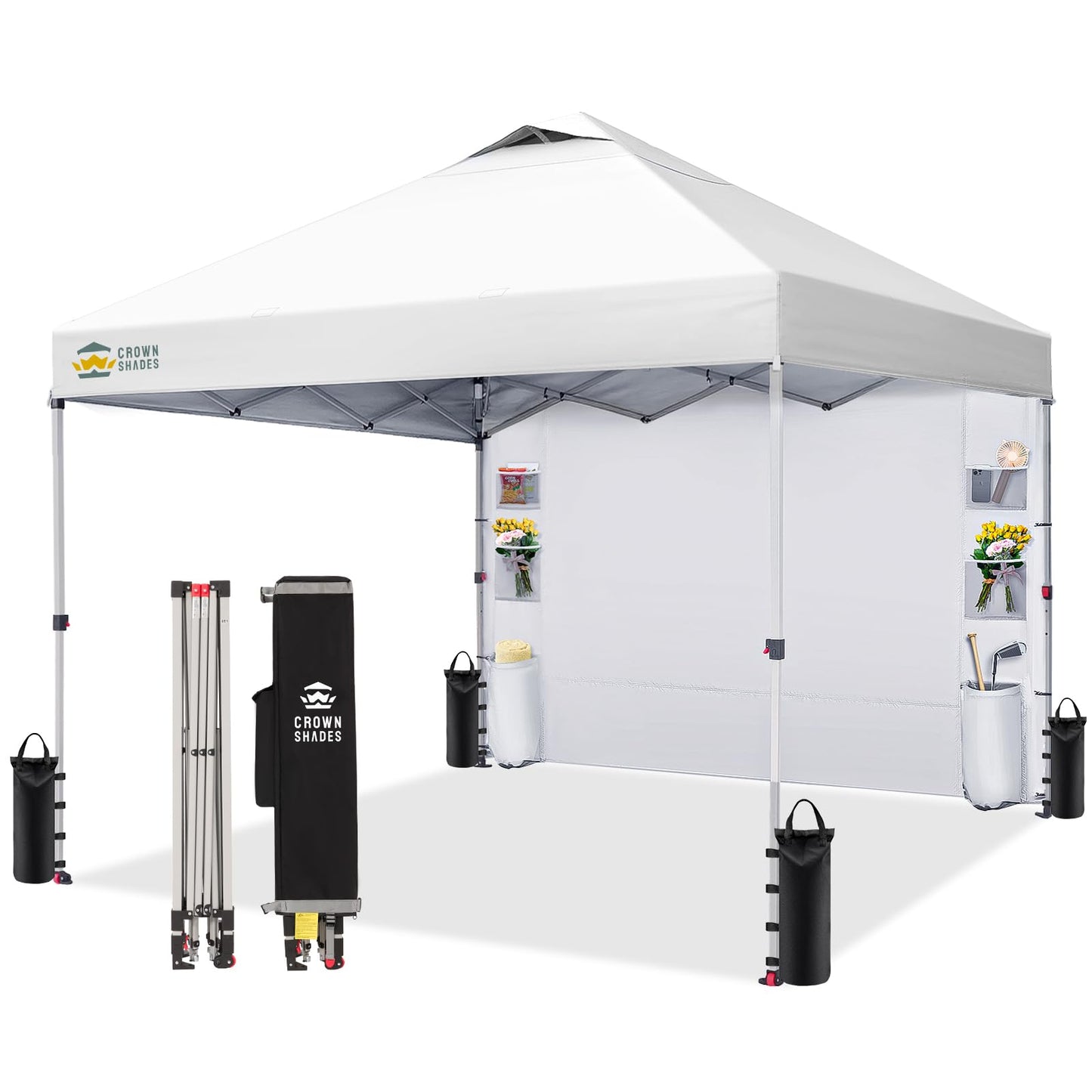 CROWN SHADES Canopy Tent 10x10 Pop Up Canopy Outdoor Shade with Pockets Sidewall, Easy Up Sun Shelter with One Person Set Up Center Lock, Portable Instant Camping Beach Canopy Tents, Grid White