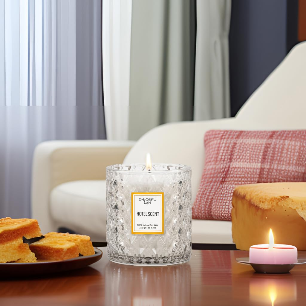 Chloefu LAN Hotel Scented Candle Natural Essential Oil, Luxury Scented Soy Jar Candle Gifts, Highly Scented, 8.1oz, Unique Blend to Promote Sleep & Relieve Stress