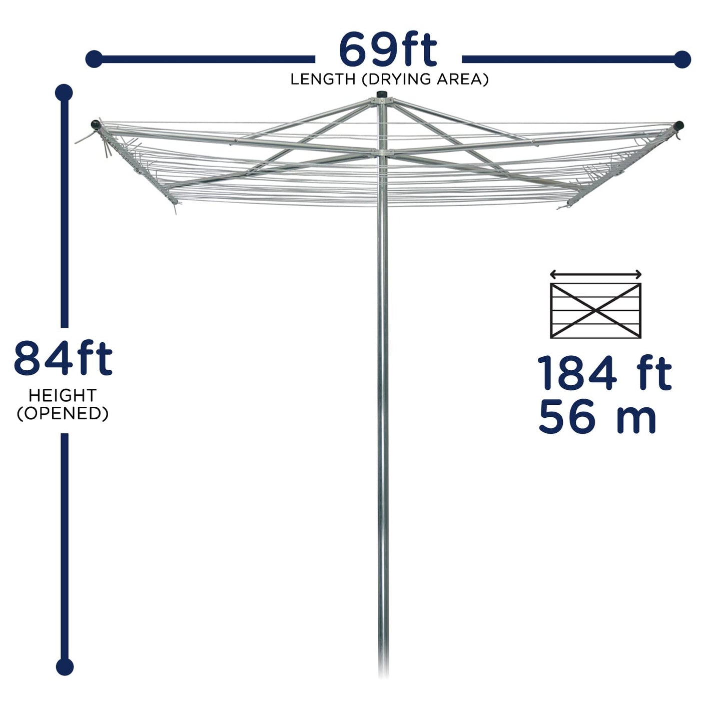 Strata 184 FT Outdoor Umbrella Clothesline - Heavy Duty Silver Aluminum Rotary Clothesline Line with Ground Spike & Socket for Outdoor Laundry Drying, Clothes, Sheets & Towels