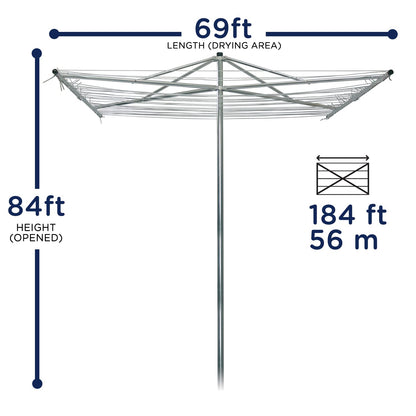 Strata 184 FT Outdoor Umbrella Clothesline - Heavy Duty Silver Aluminum Rotary Clothesline Line with Ground Spike & Socket for Outdoor Laundry Drying, Clothes, Sheets & Towels