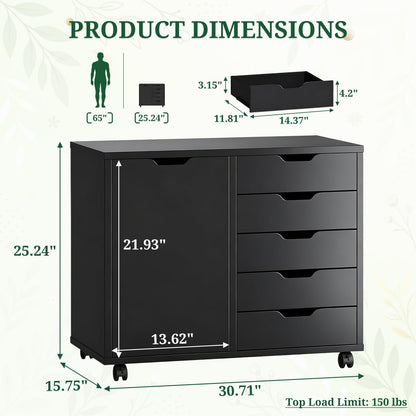 SageNest 5 Drawer File Cabinet with Wheels, Rolling Office Storage Cabinet with Shelves and Door, Printer Stand with Drawers, Under Desk Filing Cabinet with Wood Board, Black