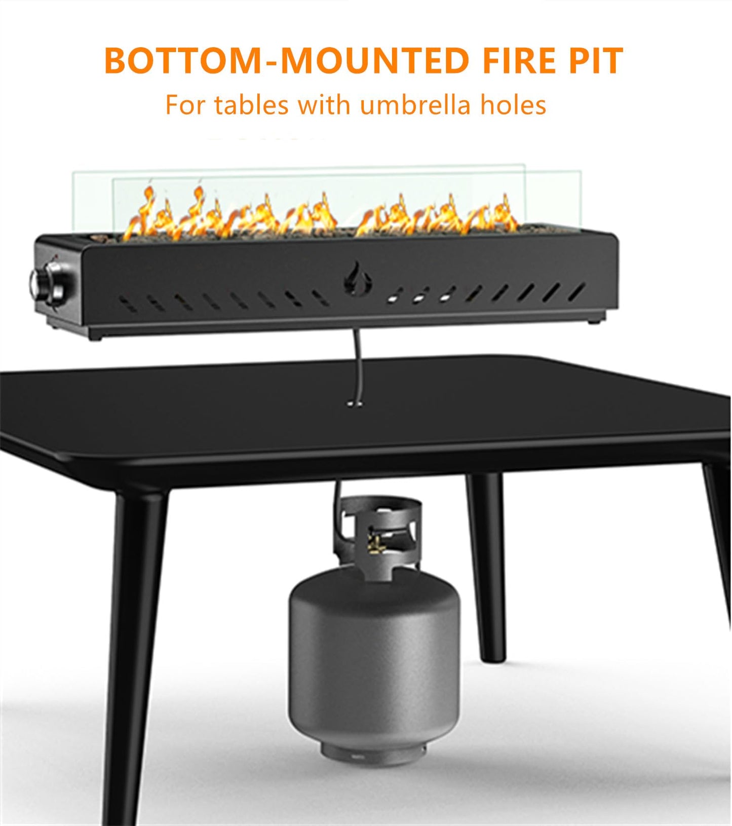 28" Tabletop Propane Gas Fire Pit Bottom-Mounted for Table with Umbrella Hole, Portable Smokeless Firepit with Glass Wind Guard for Outdoor Patio Backyard Porch Camping Tailgating RV, 40000BTU, FP044