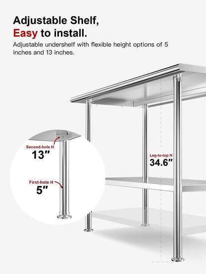 Atelicf All-Stainless Steel Prep Table, 24 X 48 Inch, with Rounded-Corner Backsplash and Adjustable Undershelf, Heavy-Duty for Outdoor Use,Restaurants,Hotels,Workshops,Kitchens,Gardens, and Garages