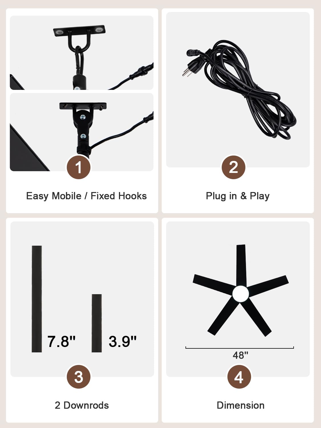 Bella Depot 48" Outdoor Ceiling Fan Black Waterproof Gazebo Fan with Light Smart App Remote Control Hanging Fan for Outside Patios Pergola Tent Plug-in Design Adjustable Brightness (48"- Black)