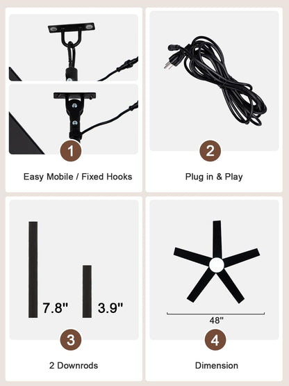 Bella Depot 48" Outdoor Ceiling Fan Black Waterproof Gazebo Fan with Light Smart App Remote Control Hanging Fan for Outside Patios Pergola Tent Plug-in Design Adjustable Brightness (48"- Black)