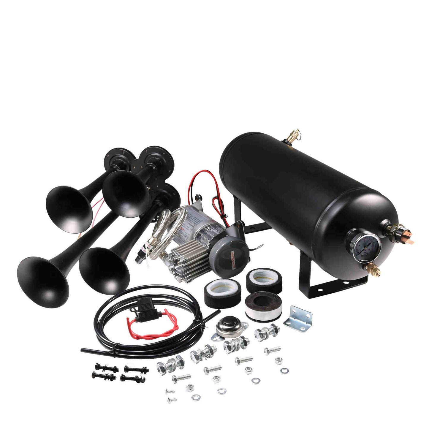 12V 4 Trumpets Train Horn Kit 150psi Complete Onboard System 150psi Air Compressor 1.5 Gallon Air Tank 4 Trumpets Fits Any Vehicle Truck Car Semi Pickup Replacement for Jeep RV SUV Super Loud dB