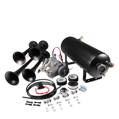 12V 4 Trumpets Train Horn Kit 150psi Complete Onboard System 150psi Air Compressor 1.5 Gallon Air Tank 4 Trumpets Fits Any Vehicle Truck Car Semi Pickup Replacement for Jeep RV SUV Super Loud dB