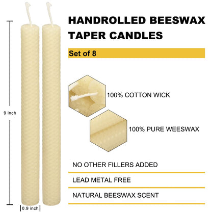 AGLARY 16PCS 9" Hand-Rolled Beeswax Taper Candles White, 100% Pure Natural Beeswax Candles for Home Decor, Yoga & Meditation (Unscented)