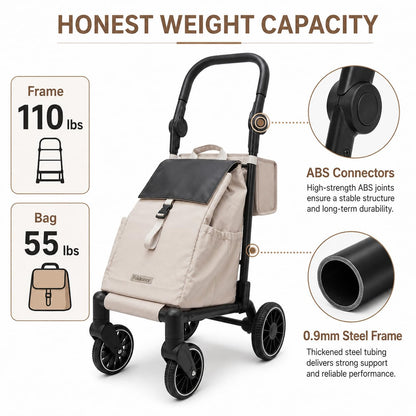 Foldeavor Stroller-Grade Folding Shopping Cart with One-Step Foot Brake, Smooth-Glide Large EVA Wheels, 35L Water-Resistant Grocery Bag, 110 lbs Heavy Duty Foldable Utility Trolley