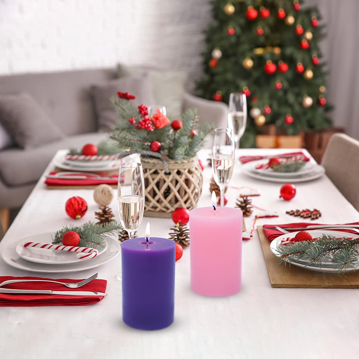 Set of 4 2x3 Inch Advent Pillar Candles, Dripless Unscented Purple and Pink Candles for Christmas Advent Holiday Season - 24 Hours Burn Time
