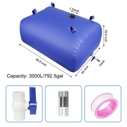 Water Storage Bladder Portable Heavy-Duty - 792.5Gal/3000L with Stainless Steel Fittings, Leak-Proof & Durable – Portable Tank for Emergency, Farming, Irrigation Use