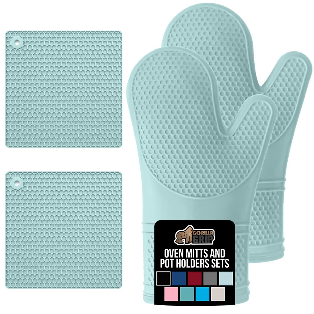 GORILLA GRIP BPA-Free Soft Silicone Oven Mitts and Pot Holders Sets, Heat Resistant Waterproof Cooking Gloves, Thick Cotton Lining, Flexible Gripping for Baking Grilling, Kitchen Trivets, Turquoise
