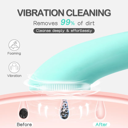PRITECH Facial Cleansing Brush, Rechargeable Silicone Face Scrubber with Heat Massage End, Vibrating Exfoliator Scrubber for Deep Cleaning, Waterproof Face Brush for Women and Men (Pink)