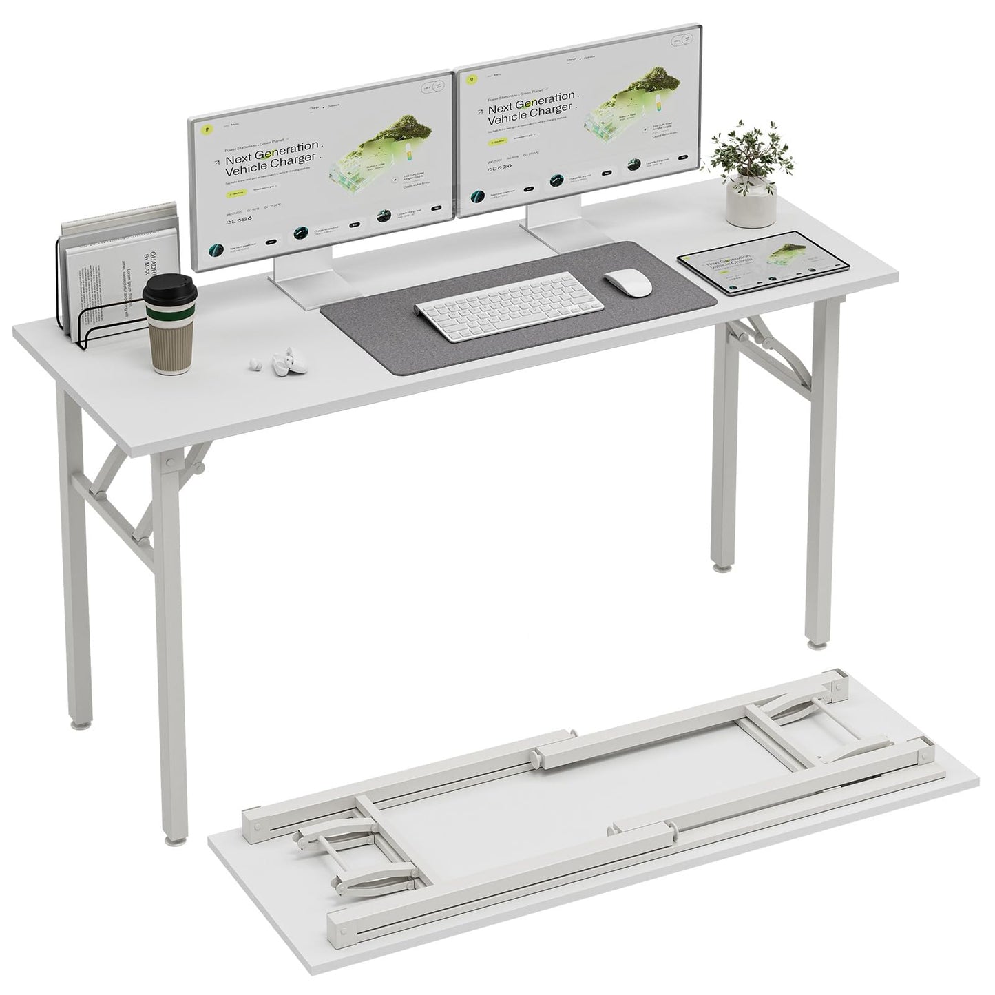 TEMI Long Computer Desk Folding Table - 55.1" Foldable Office Desk, No Assembly, Perfect Writing Table for Bedroom or Apartment, Portable Large Desk or Study Table with Compact Design, White Ash