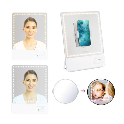 RIKI LOVES RIKI Skinny Lighted Vanity Mirror – Rechargeable Makeup Mirror with Adjustable Warm & Cool Lighting, 10X Magnifying Mirror, Phone Holder, Bluetooth Selfie, Portable Travel Mirror