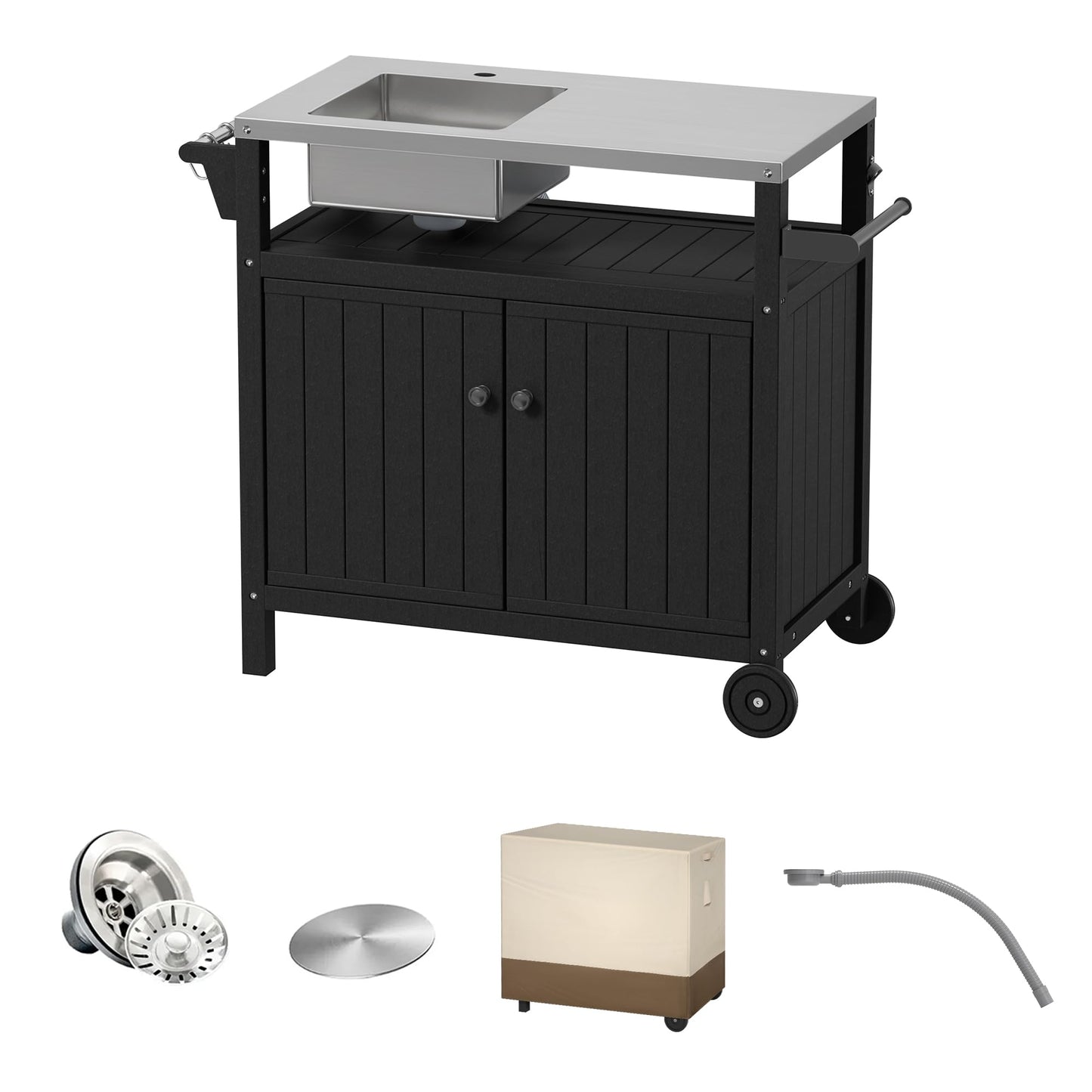 TORVA Multi-Functional Outdoor Grill Cart with Sink,Cabinet and Cover, 42 inch Freestanding Modular Kitchen Sink Station in 304 Stainless Steel&HDPE, All Weather Use BBQ Table, Black