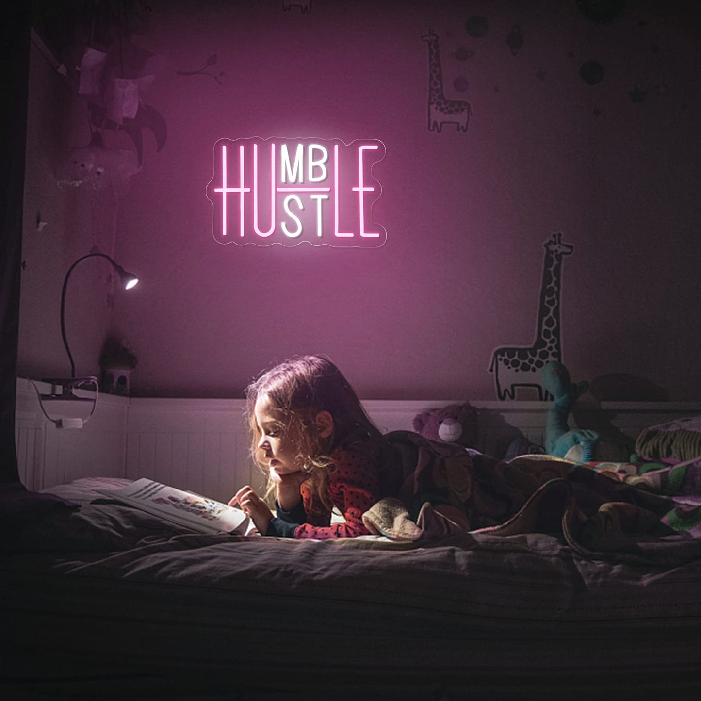 Hustle LED Neon Sign for Wall Decor, Humble Party Decorations, USB Powered Switch Adjustable Brightness LED Neon Lights, for Office Room, Gym Room, Man Cave Decor (Yellow&White)