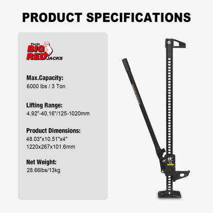 Big RED ATR6501BR Torin 48" Ratcheting Off Road Utility Farm Jack: 3 Ton (6,000 lb) Capacity, Black