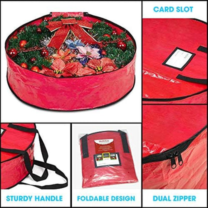 ProPik Christmas Wreath Storage Bag - Heavy-Duty Tear Resistant Container with Handles | 24” x 8” (Red)