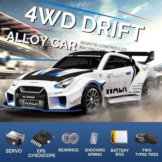 D43-01 1:43 Scale 2.4G Full Proportional 4WD Alloy RC Drift Car with Gyro System Silent Bearings Adjustable Speed &amp LED Lights for Adults High Speed Remote Control Racing Car