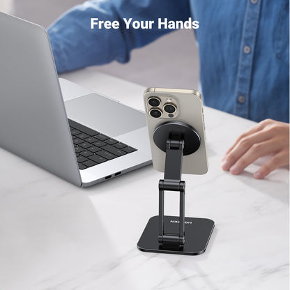 UGREEN Magnetic Phone Stand Compatible with MagSafe Holder for Desk Ergonomic Design Adjustable, Aluminum Cell Phone Stand Compatible for iPhone 17 Air 16 15 14 13 12 Pro Max and MagSafe Case, Grey