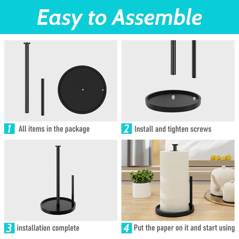 Paper Towel Holder Countertop, Standing Paper Roll Holder with Anti Slip Weighted Base, Stainless Steel Freestanding Paper Towel Holder for Kitchen, Black