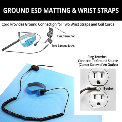RubberStat Dual Layer ESD Compliant Workstation Rubber Table Mat Kit, Soldering, Cell Phone Repair, with Wrist Strap Set and Ground Cord - 24"x72" Grey