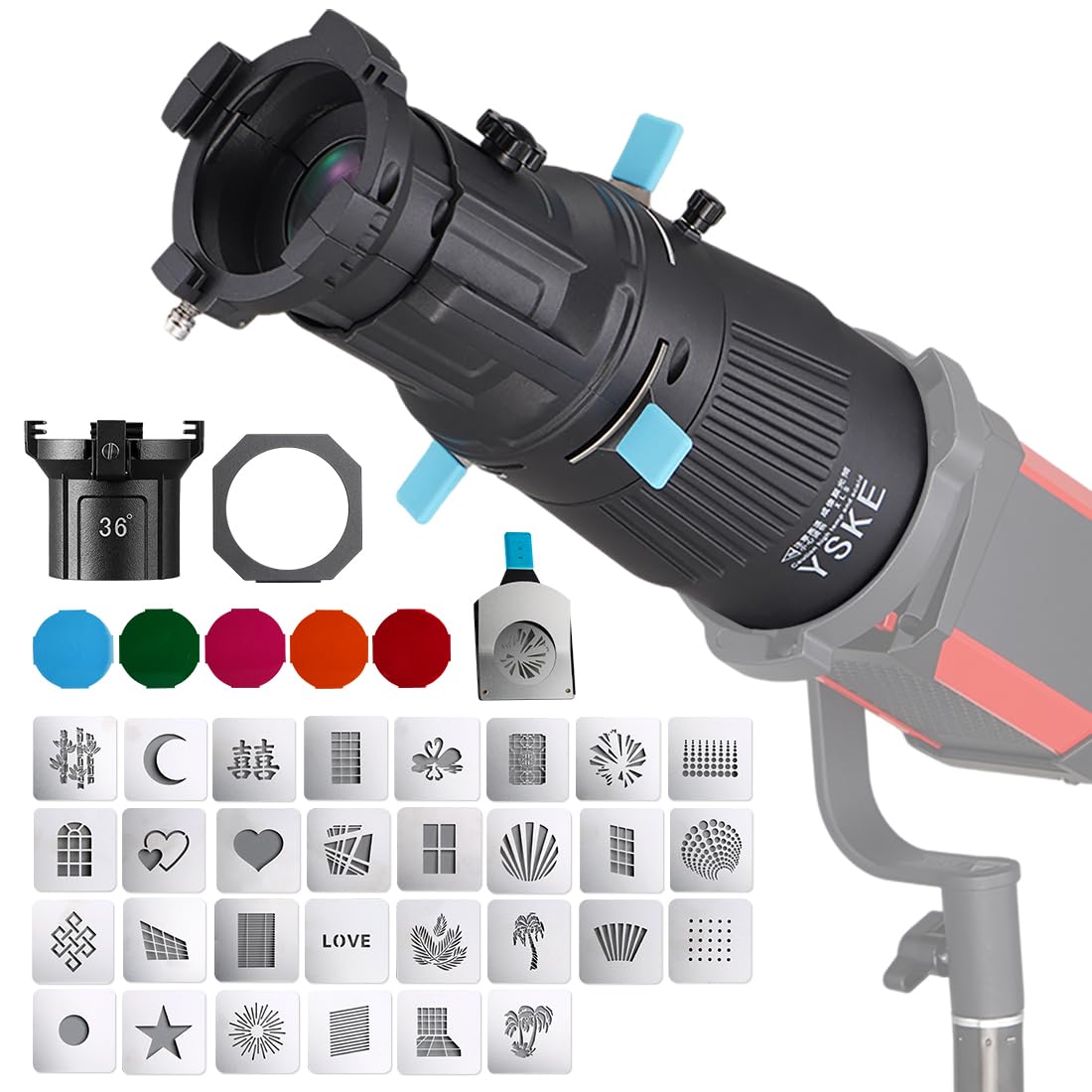 YSKE-Bowens Mount Spotlight Conical Optical Snoot kit 36°,Photography Studio Lighting Accessory with 30 Metal Gobos&5 Color Gels Focus ControlCompatible for Aputure Godox Nee*wer Profoto LED Lights