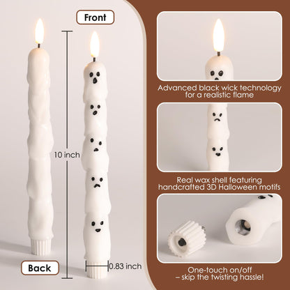 Girimax White Ghost Halloween Flameless Taper Candles with Remote, Spooky LED Wax Candlesticks Battery Operated Flickering, Set of 4