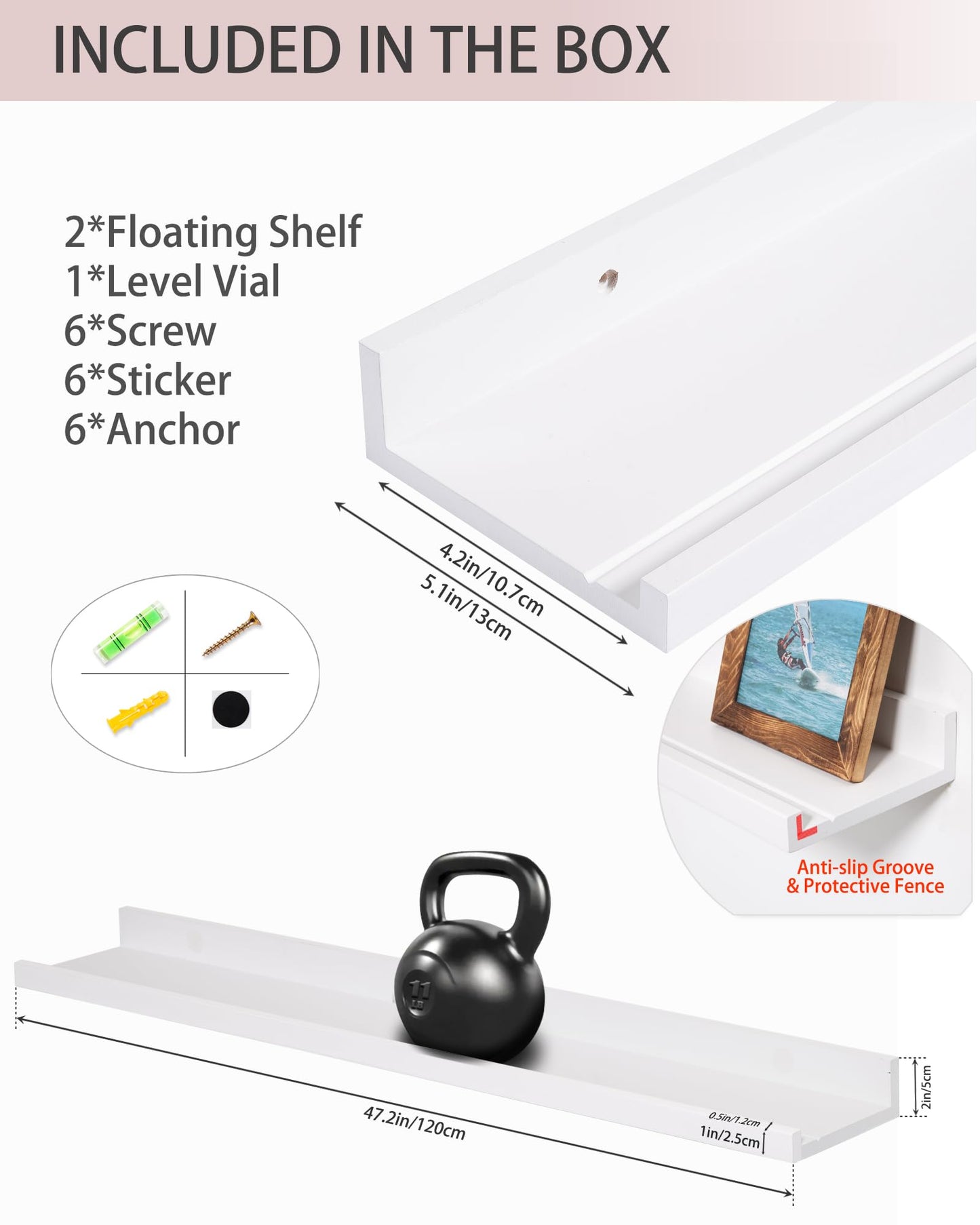 MBYD 48 Inch White Solid Wood Floating Picture Ledge Shelves Set of 2, Nursery Book Shelves Wall Mounted for Kids Room, Rustic Display Ledge for Books, Vinyl Records, Photo Frames & Farmhouse Decor