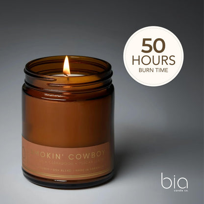 Bia Candle Co. Smokin' Cowboy Candle, Tuscan Leather Sandalwood Cedar Soy Candle, Blue Iris, Perfume-Inspired, Hand Poured USA, High Fragrance Load, Lead-Free Wick, Date Night, 7 oz