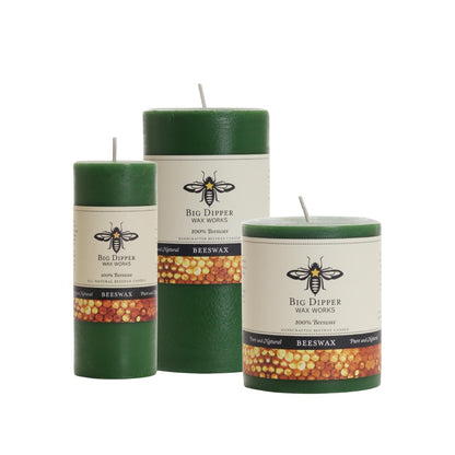 Big Dipper Wax Works Moss Green Pillar Candle, 90-Hour Long Burn, Pure Beeswax Candle, 3" x 6”