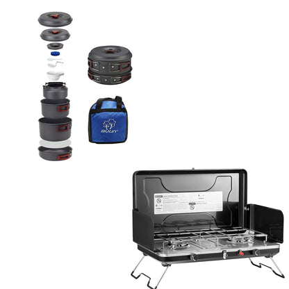 FineFlame Camping Stove 2 Burner With Bulin 13 PCS Camp Cookware Set Camping Cookwear