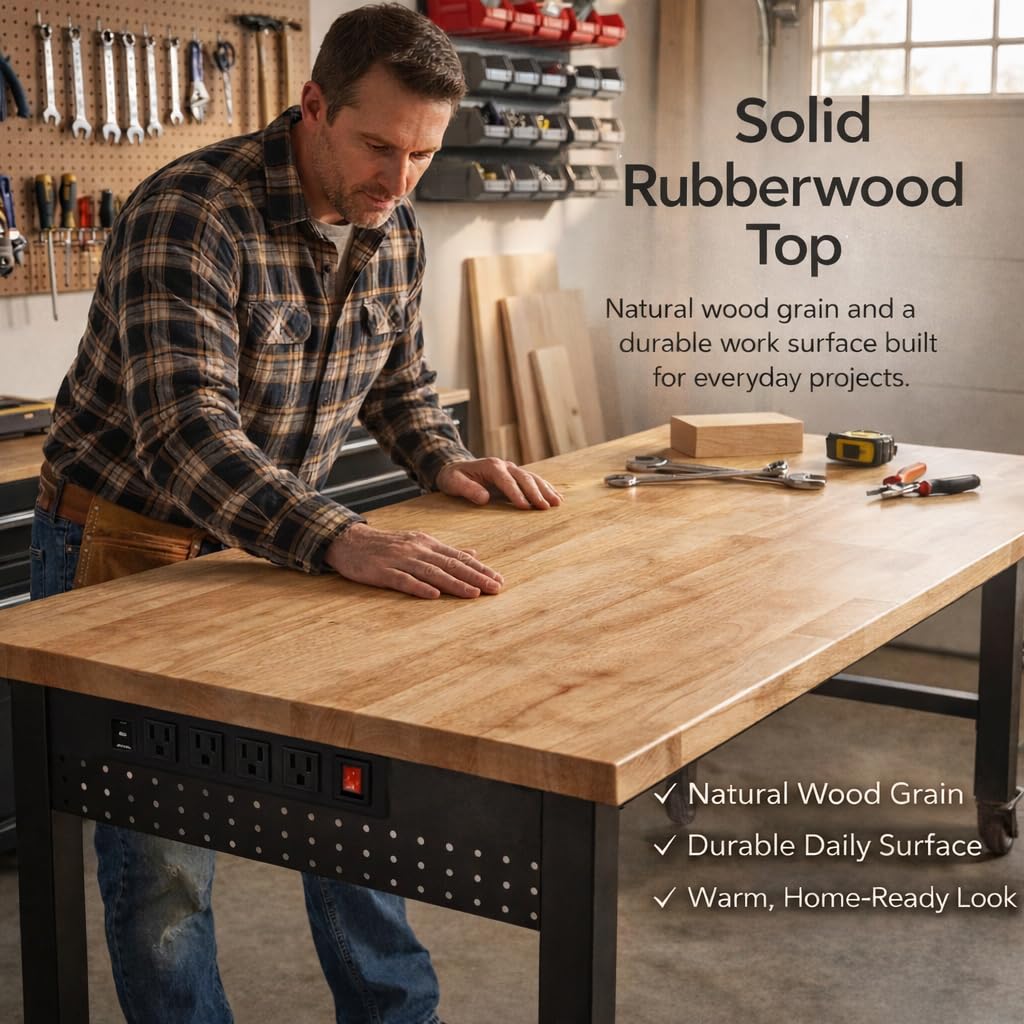 VUWIF 48" Workbench with Footpads, Adjustable Height Workbench with Rubberwood Top, Built-in Power Strip with 4 AC Outlets and 2 USB Ports, 2000 LBS Capacity for Garage, Workshop, and Home