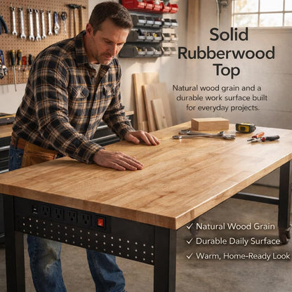 VUWIF 48" Workbench with Footpads, Adjustable Height Workbench with Rubberwood Top, Built-in Power Strip with 4 AC Outlets and 2 USB Ports, 2000 LBS Capacity for Garage, Workshop, and Home