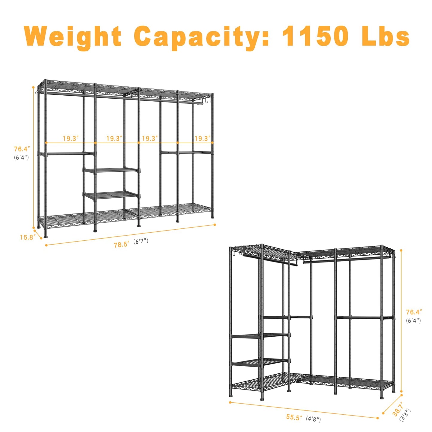 ULIFHOME H41 Garment Rack Heavy Duty Clothes Rack, Clothing Racks for Hanging Clothes, Extra Large Freestanding Portable Closet Wardrobe Rack 78.5'' W × 15.8'' D × 76.4'' H, Max Load 1150 Lbs, Black