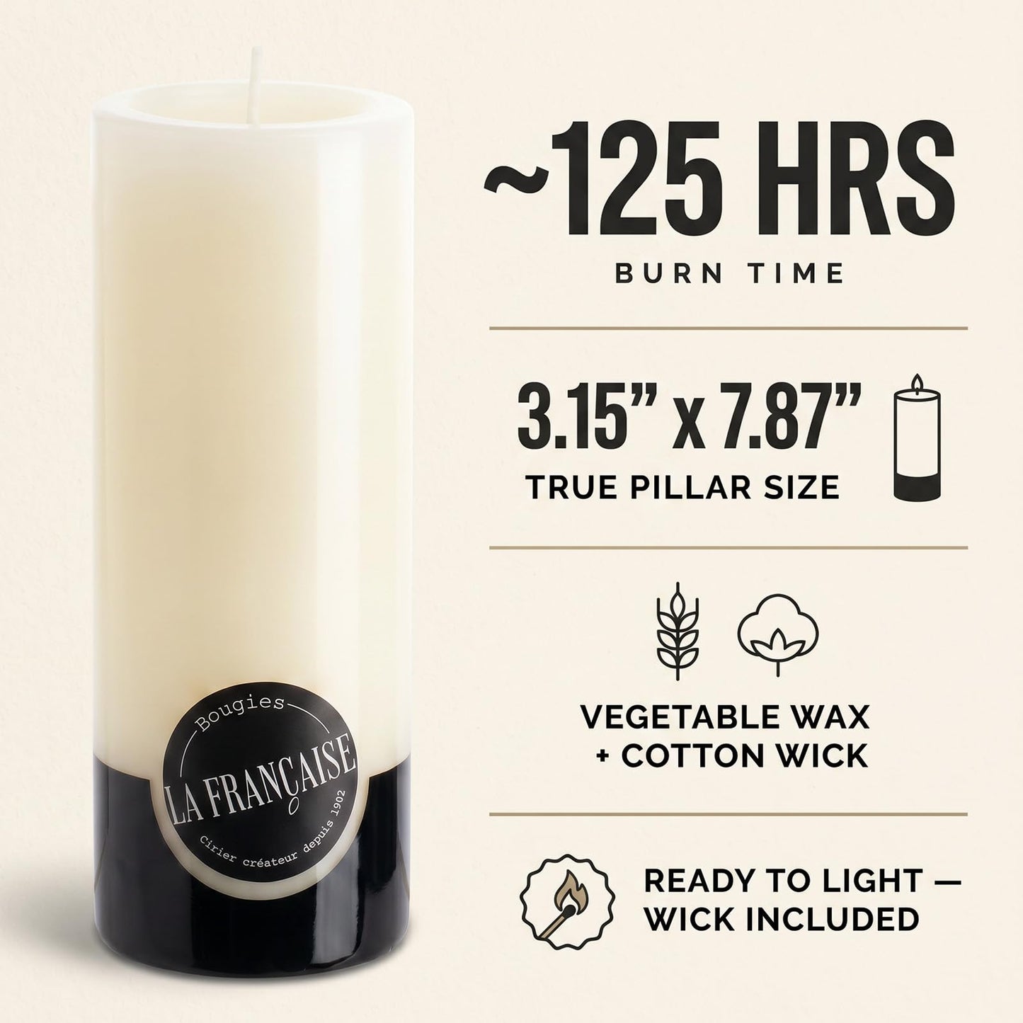 Bougies La Française Unscented Pillar Candle, Ivory, Made in Tunisia, Ready-to-Light Cotton Wick Included, Vegetable Wax Decorative Candle, 3.15" Diameter × 7.87" Tall, Approx. 125-Hour Burn Time