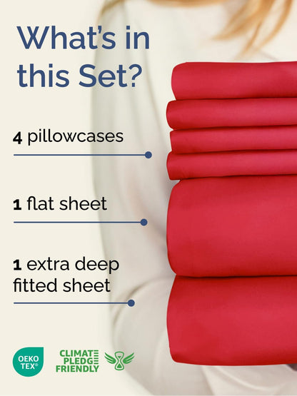 Skiennix Extra Deep King Sheet Set | 6-Piece Breathable Cooling Bedding - Luxury Red Sheets with Secure Fit