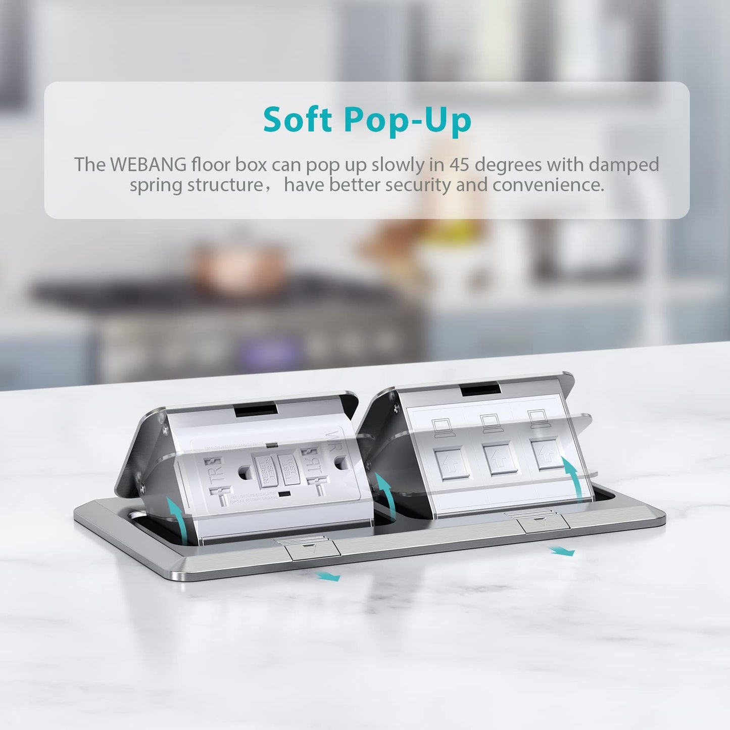 WEBANG Dual Pop-Up Floor Box Electrical Kit, 20 Amp Stainless Steel GFCI Tamper/Weather Resistant Receptacle Outlet, 3-Port RJ45 Datacom Receptacle, Brushed Nickel