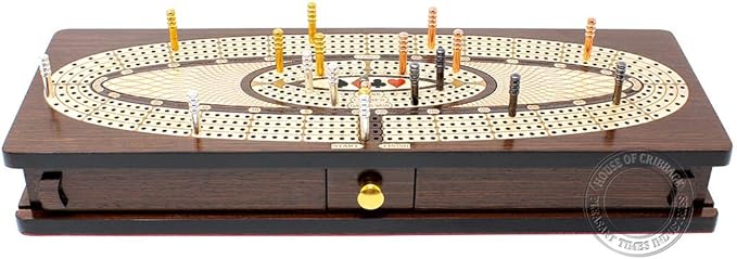 House of Cribbage - Continuous Cribbage Board/Box Inlaid in Wenge Wood/Maple : 4 Track - Sliding Lids Drawer &amp Metal Pegs with Score Marking Fields for Skunks Corners and Won Games