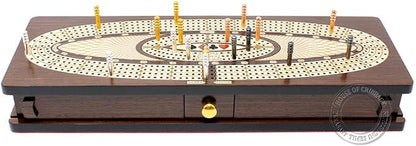 House of Cribbage - Continuous Cribbage Board/Box Inlaid in Wenge Wood/Maple : 4 Track - Sliding Lids Drawer &amp Metal Pegs with Score Marking Fields for Skunks Corners and Won Games