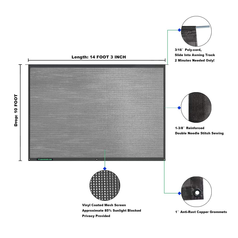Leaveshade RV Awning Sunshade Screen 10' X 14' 3'' (Fit for 15' Awning) Mesh Sun Shade Screen Motorhome Camping Trailer Shadescreen Sunscreen UV Sunblocker - 3 Year Warranty (Black)