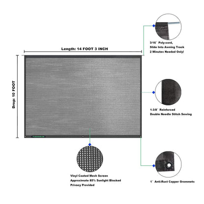 Leaveshade RV Awning Sunshade Screen 10' X 14' 3'' (Fit for 15' Awning) Mesh Sun Shade Screen Motorhome Camping Trailer Shadescreen Sunscreen UV Sunblocker - 3 Year Warranty (Black)